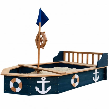 Maritimes Holz-Sandkasten-Boot "Doris" mit Steuerrad und Abdeckung
