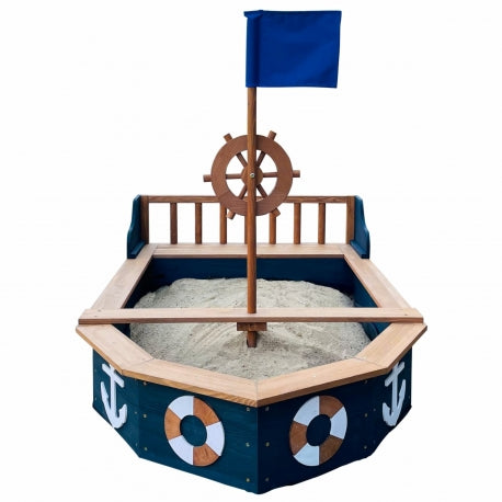 Maritimes Holz-Sandkasten-Boot "Doris" mit Steuerrad und Abdeckung