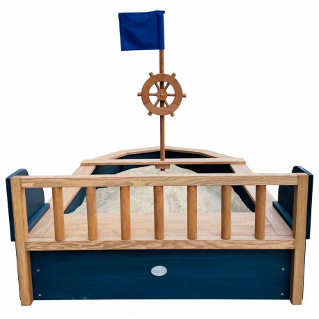 Maritimes Holz-Sandkasten-Boot "Doris" mit Steuerrad und Abdeckung