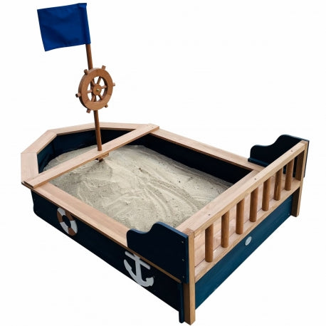 Maritimes Holz-Sandkasten-Boot "Doris" mit Steuerrad und Abdeckung