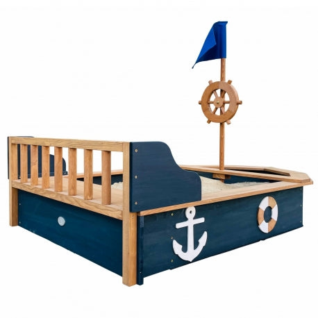 Maritimes Holz-Sandkasten-Boot "Doris" mit Steuerrad und Abdeckung