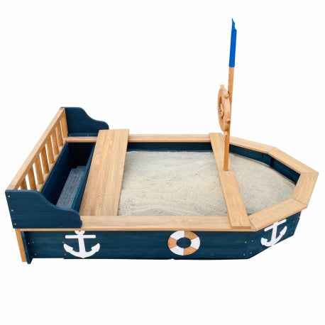 Maritimes Holz-Sandkasten-Boot "Doris" mit Steuerrad und Abdeckung