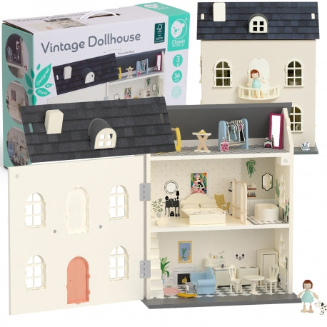 Classic World Vintage Puppenhaus aus Holz – Drei Stockwerke, 36 Teile, für Kinder ab 3 Jahren