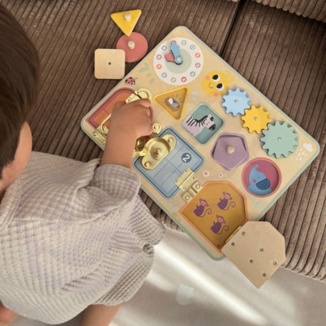 TOOKY TOY Montessori Lernbrett mit Schlössern, Zahnrädern und Uhr – Interaktives Holzspielzeug ab 3 Jahren