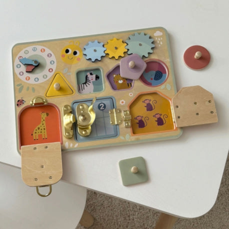 TOOKY TOY Montessori Lernbrett mit Schlössern, Zahnrädern und Uhr – Interaktives Holzspielzeug ab 3 Jahren
