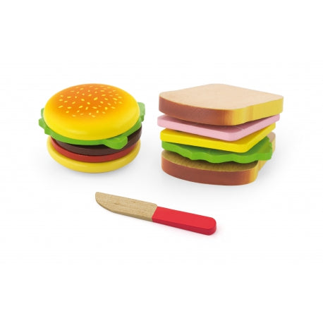 Holzspielzeug Hamburger & Sandwich Schneideset – Montessori Lernspielzeug für Kleinkinder