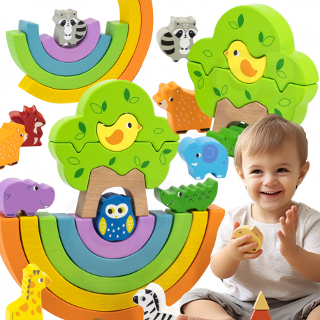 VIGA Montessori Regenbogen-Holzpuzzle mit Tieren und Bäumen