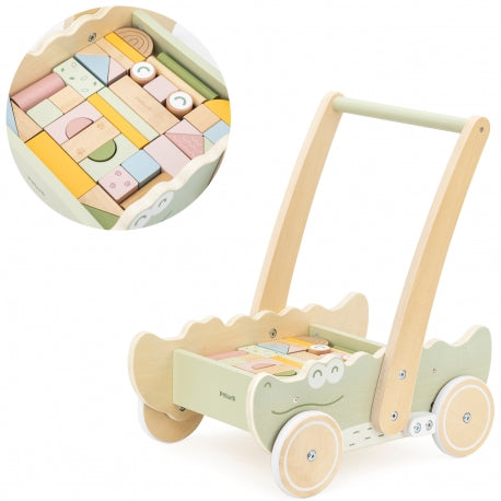 Montessori Holz-Lauflernwagen mit Bausteinen – Motorikspielzeug für Kleinkinder
