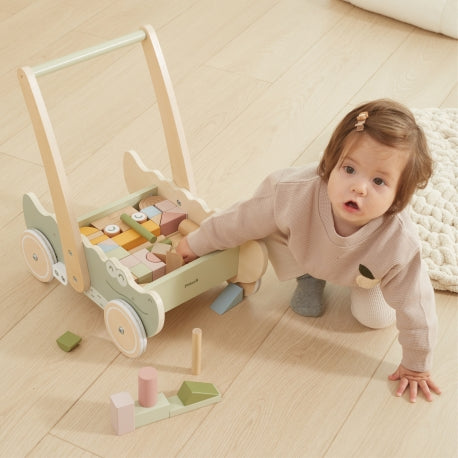 Montessori Holz-Lauflernwagen mit Bausteinen – Motorikspielzeug für Kleinkinder
