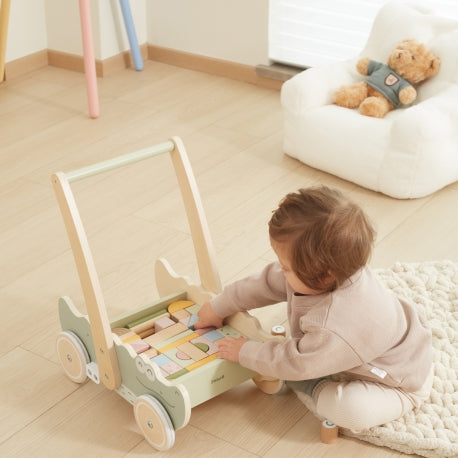 Montessori Holz-Lauflernwagen mit Bausteinen – Motorikspielzeug für Kleinkinder