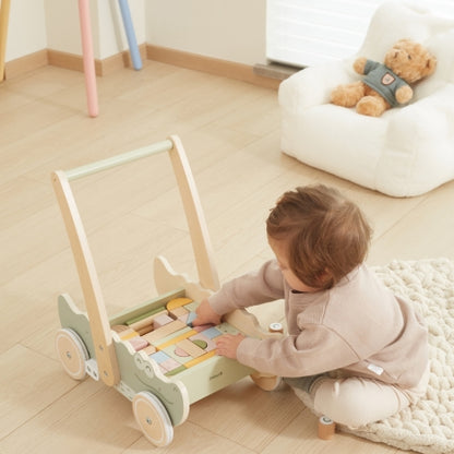 Montessori Holz-Lauflernwagen mit Bausteinen – Motorikspielzeug für Kleinkinder