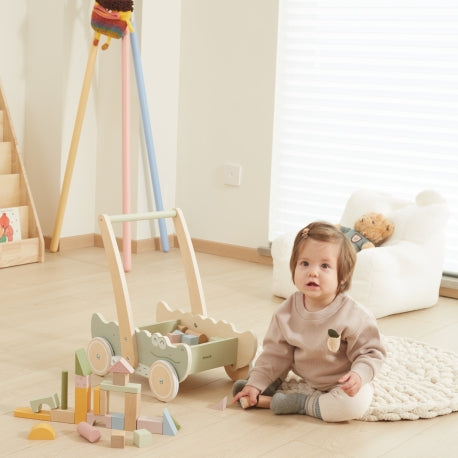 Montessori Holz-Lauflernwagen mit Bausteinen – Motorikspielzeug für Kleinkinder