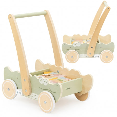 Montessori Holz-Lauflernwagen mit Bausteinen – Motorikspielzeug für Kleinkinder