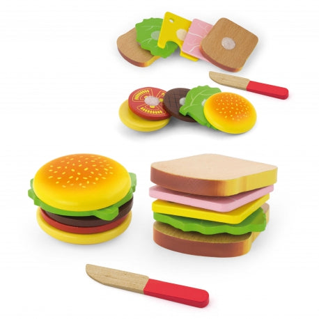 Holzspielzeug Hamburger & Sandwich Schneideset – Montessori Lernspielzeug für Kleinkinder